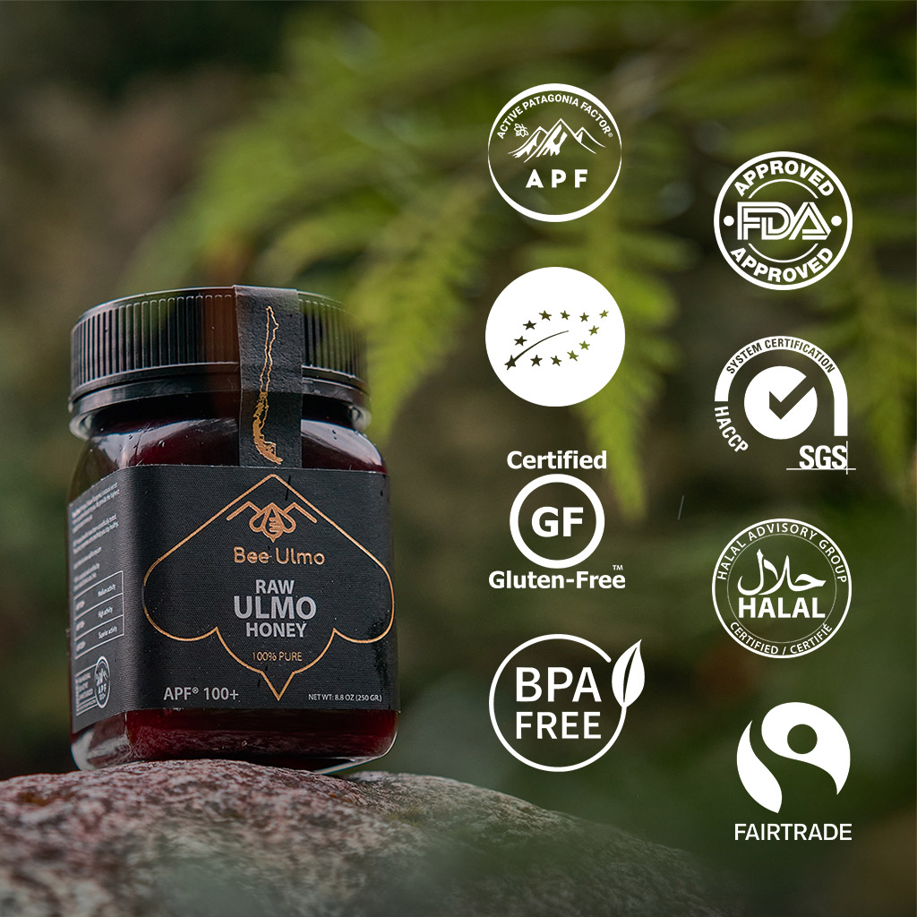 A picture of Bee Ulmo honey jar featuring icons of different certifications including Gluten-free, BPA Free, Halal Certified, FDA Approved.